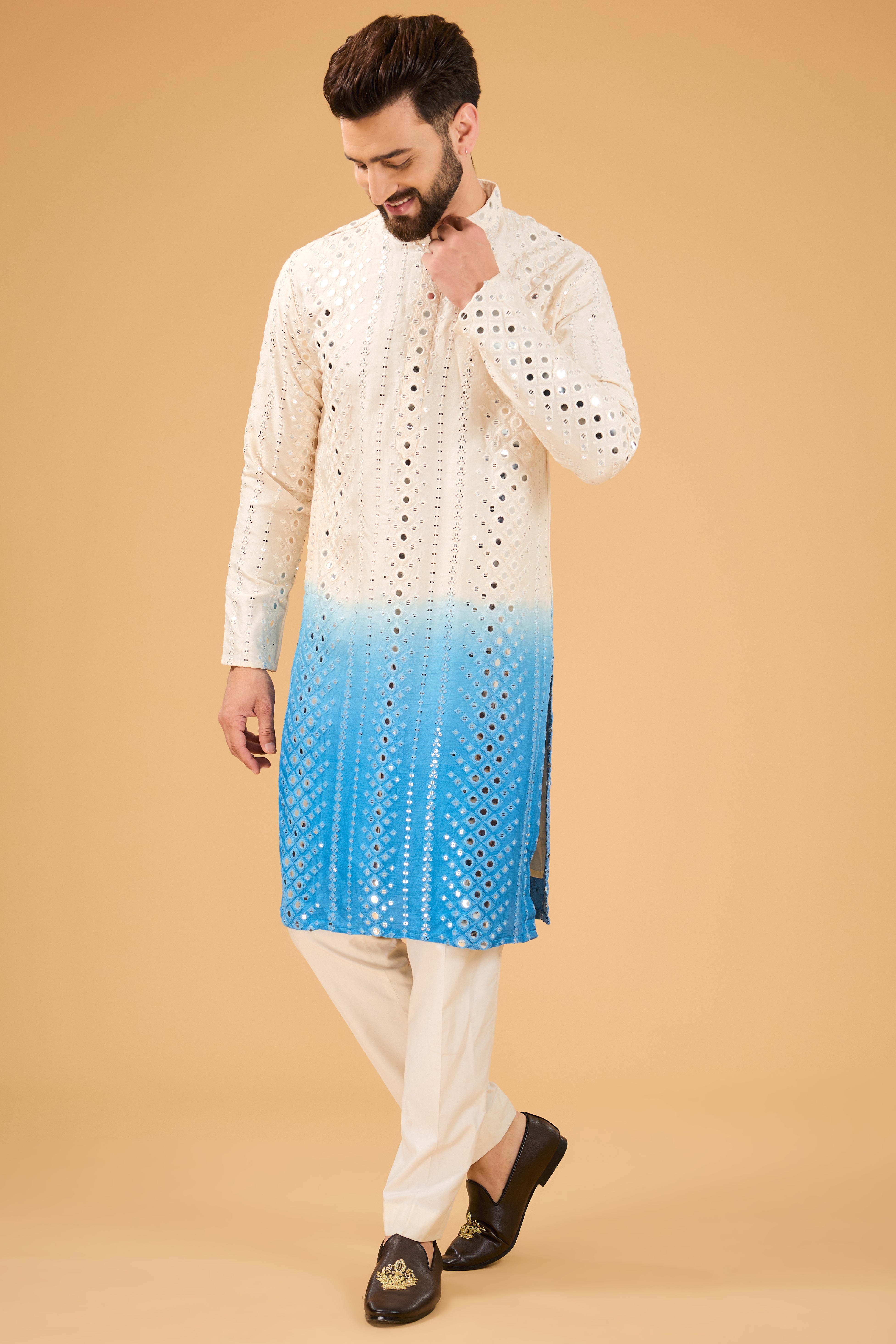 Cream to Blue ombre shaded mirror-work kurta. - kasbahmen