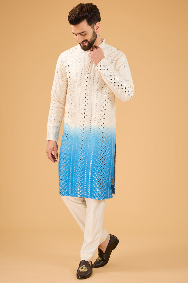 Cream to Blue ombre shaded mirror-work kurta. - kasbahmen