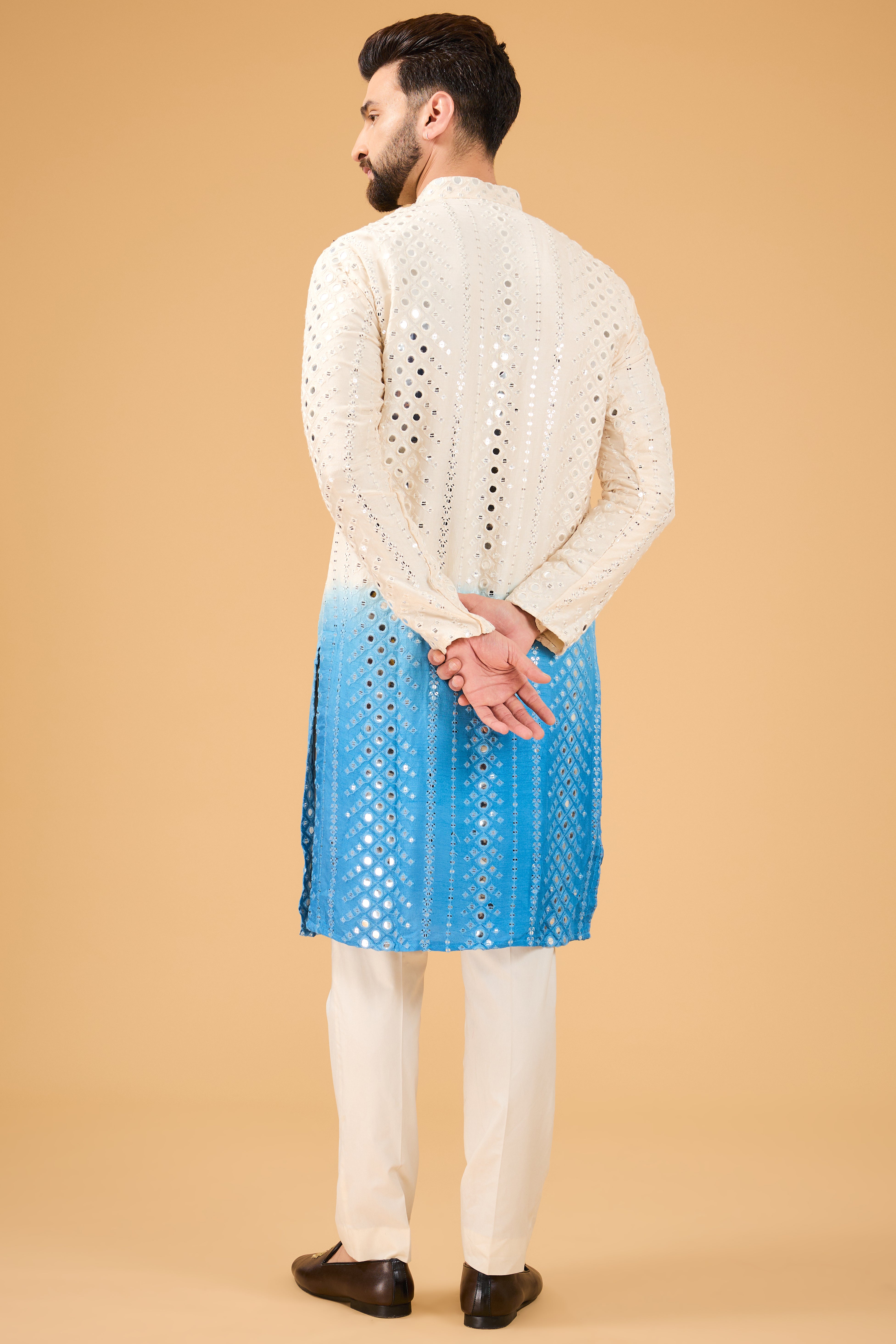 Cream to Blue ombre shaded mirror-work kurta. - kasbahmen