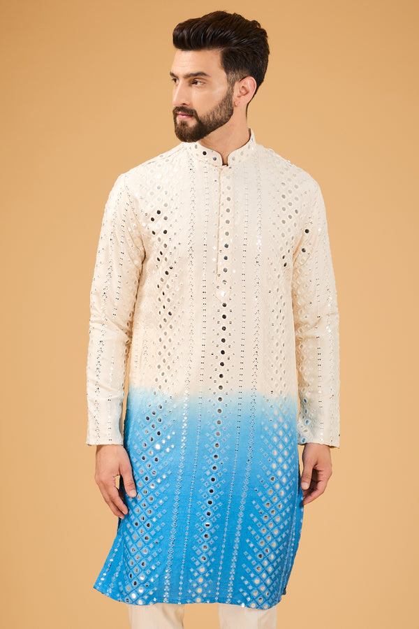 Cream to Blue ombre shaded mirror-work kurta. - kasbahmen