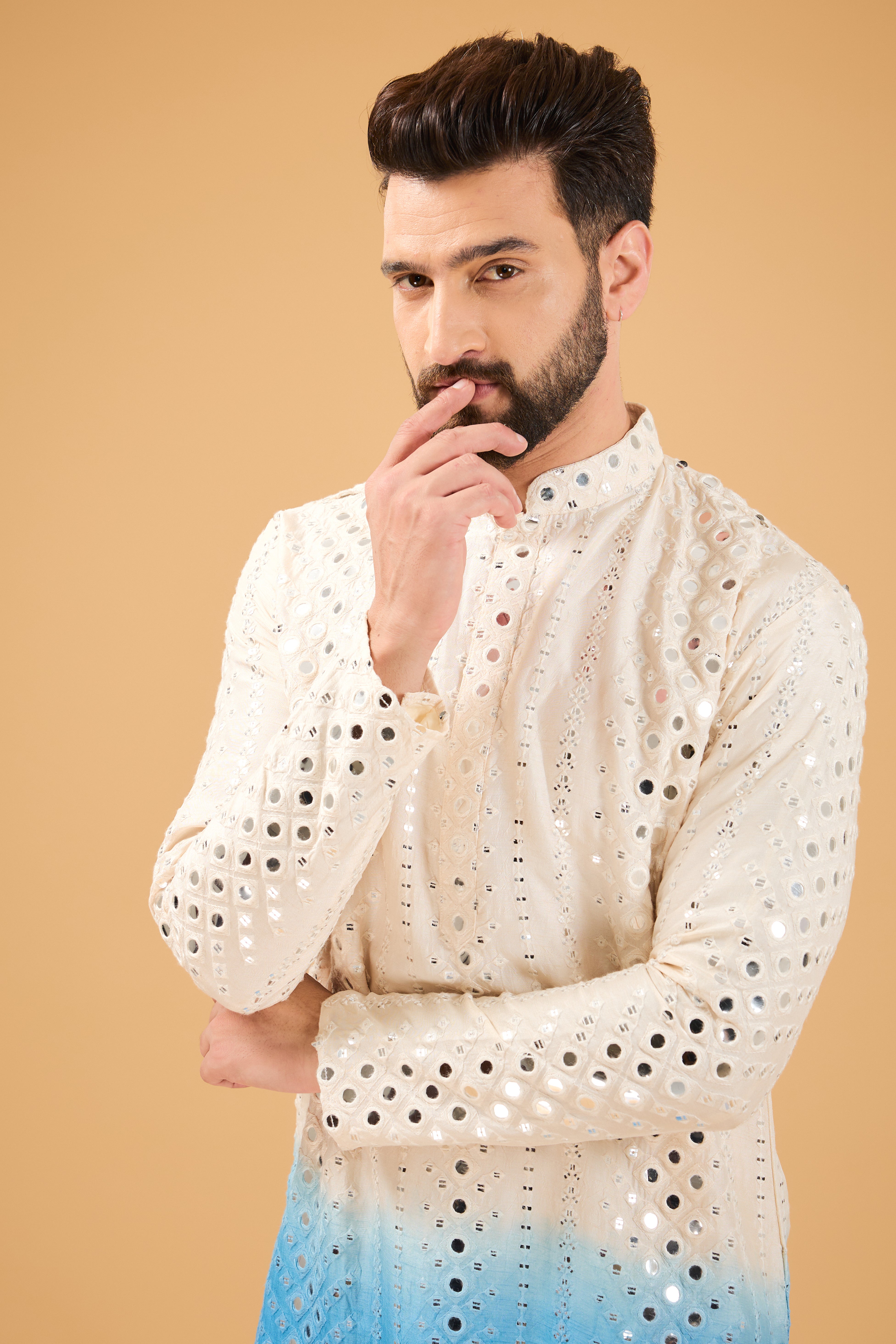 Cream to Blue ombre shaded mirror-work kurta. - kasbahmen