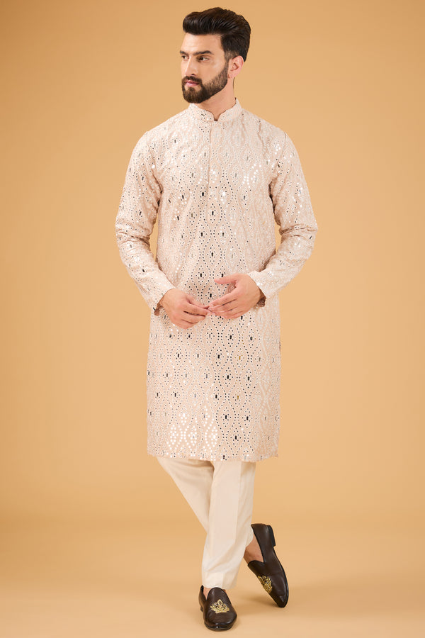 Signature cream-beige mirror work kurta. - kasbahmen