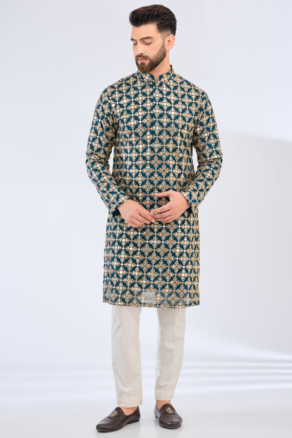 Teal mirror work kurta with zari embroidery - kasbahmen