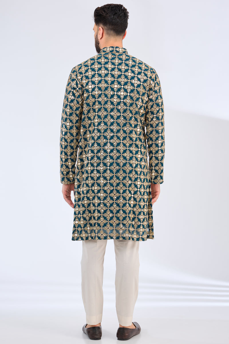 Teal mirror work kurta with zari embroidery - kasbahmen