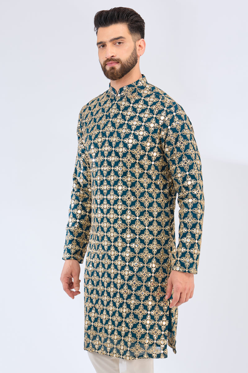 Teal mirror work kurta with zari embroidery - kasbahmen