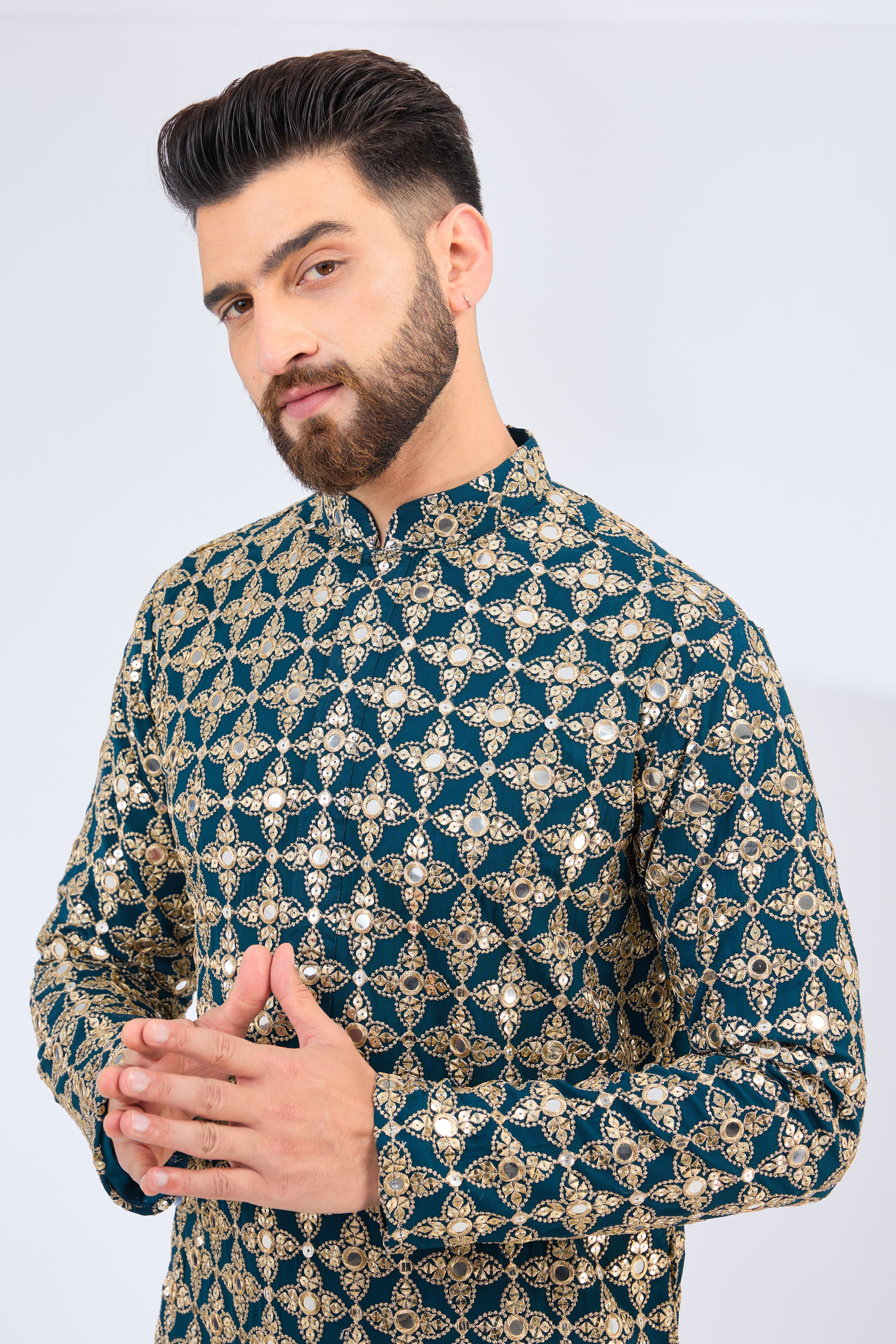 Teal mirror work kurta with zari embroidery - kasbahmen