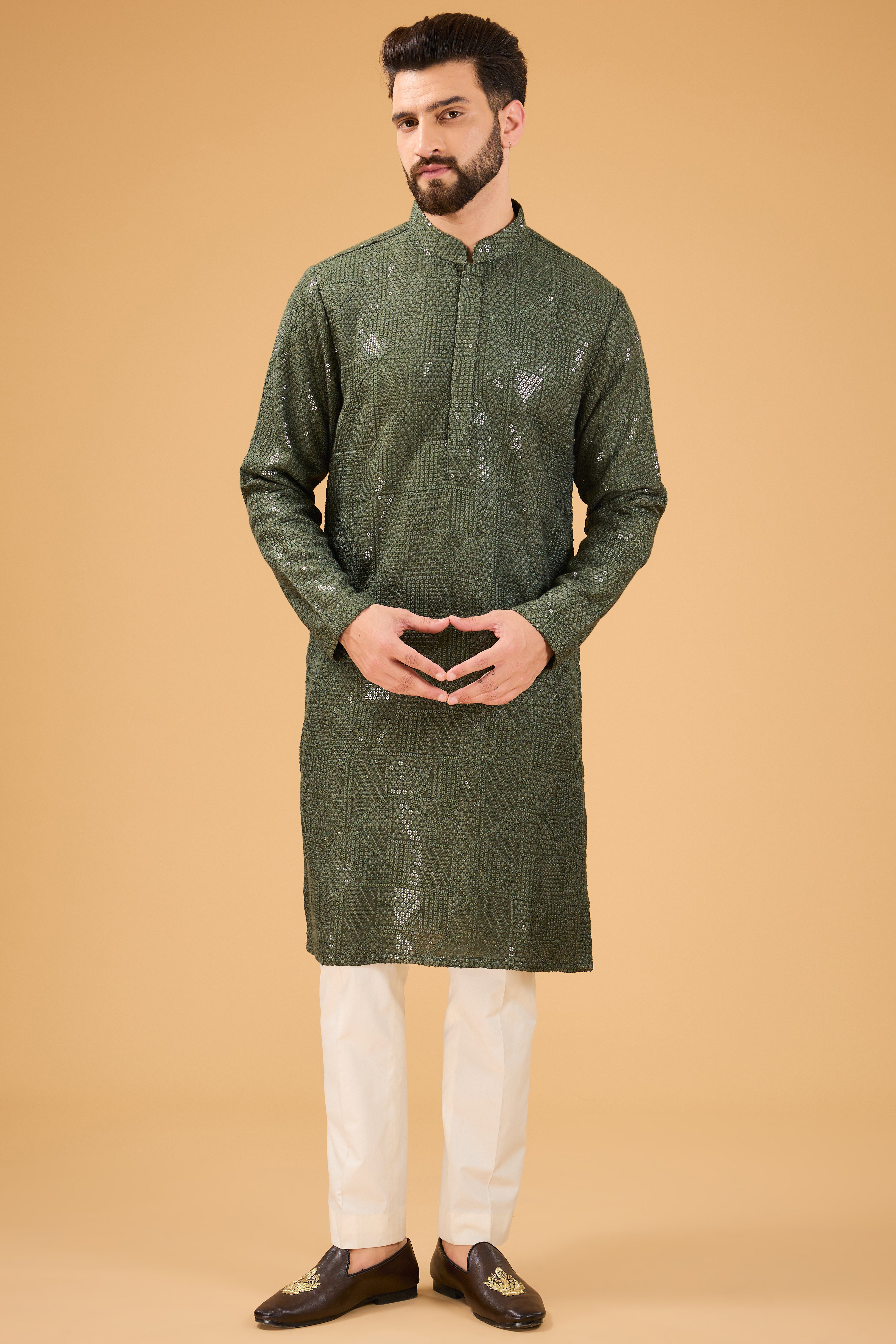 Military green, geometrically embroidered, heavy sequin kurta. - kasbahmen