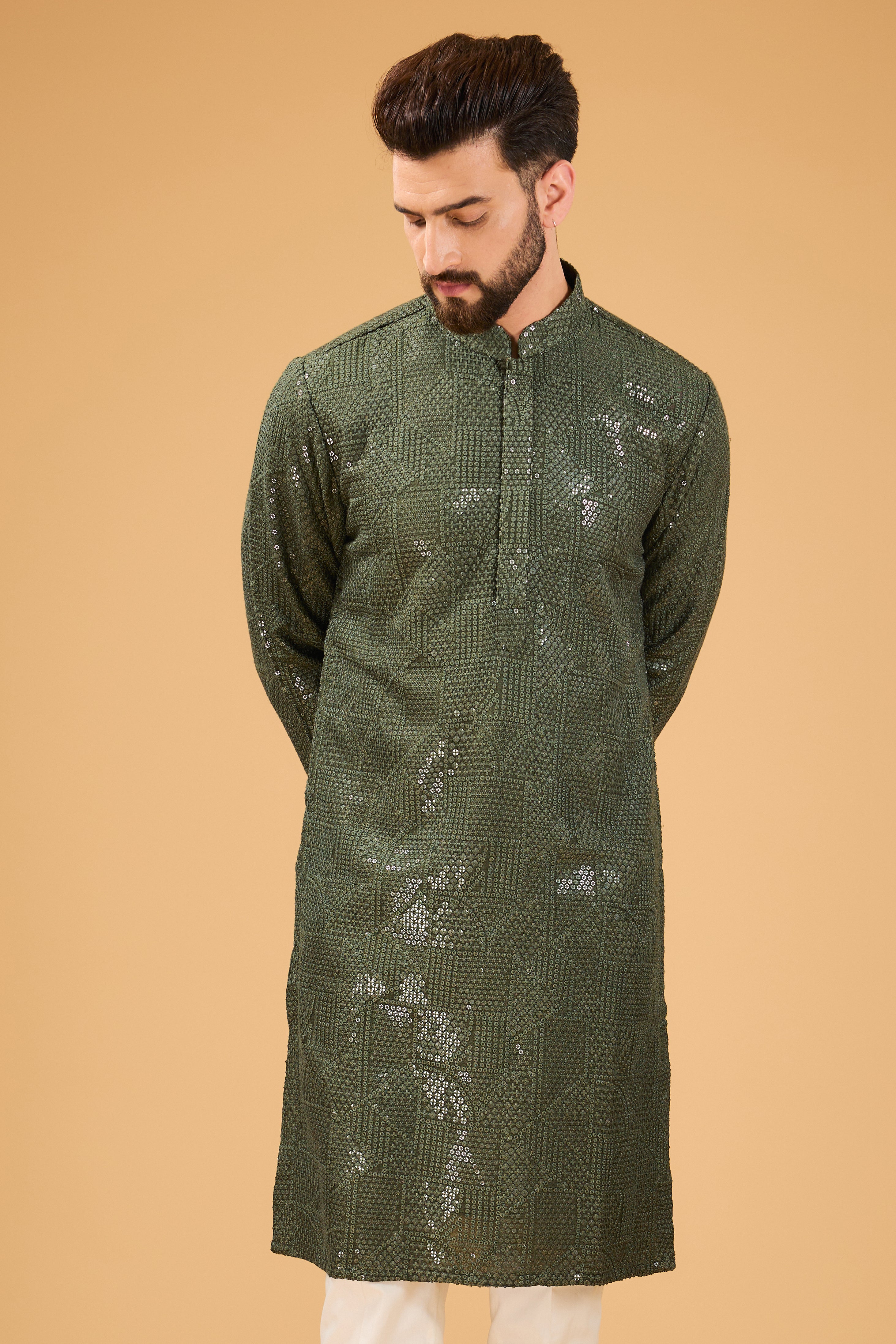 Military green, geometrically embroidered, heavy sequin kurta. - kasbahmen