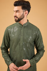 Military green, geometrically embroidered, heavy sequin kurta. - kasbahmen