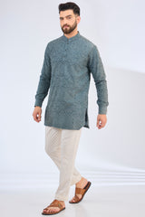 blue-grey short geometrically embroidered chikankari kurta - kasbahmen