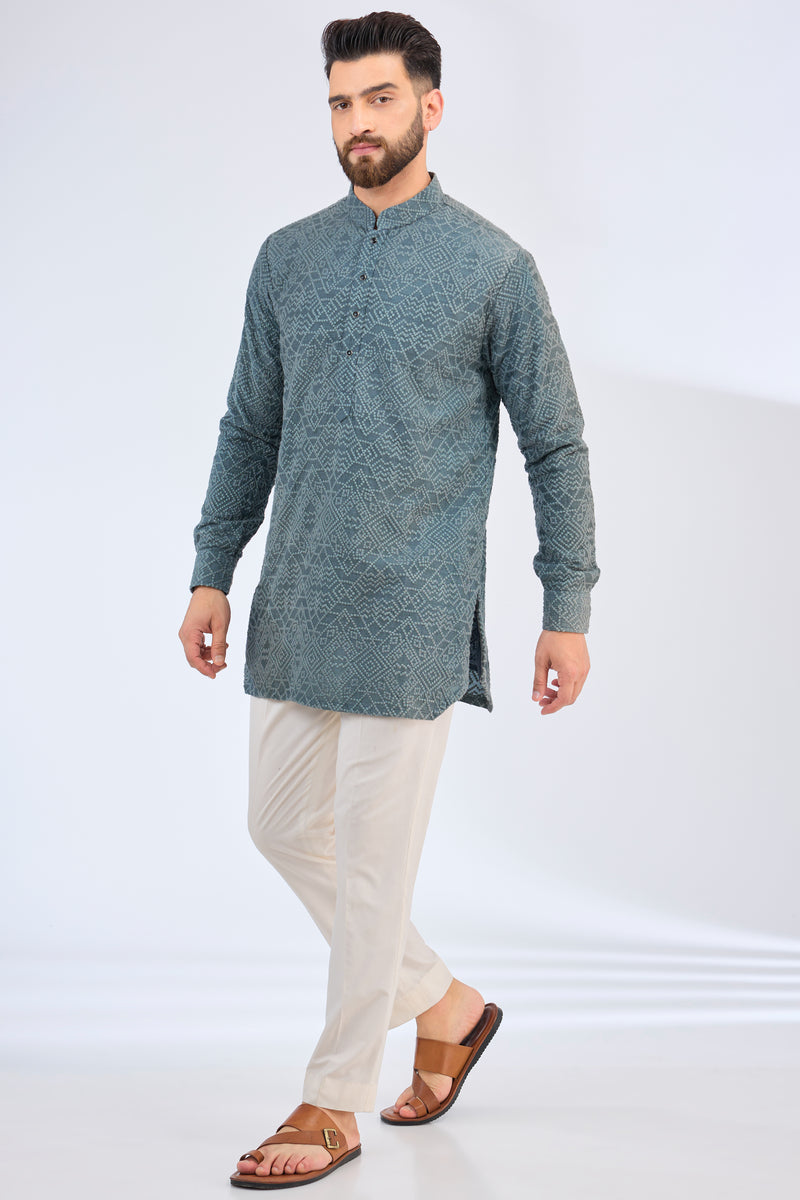 blue-grey short geometrically embroidered chikankari kurta - kasbahmen