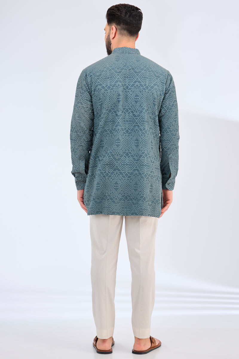 blue-grey short geometrically embroidered chikankari kurta - kasbahmen