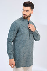 blue-grey short geometrically embroidered chikankari kurta - kasbahmen