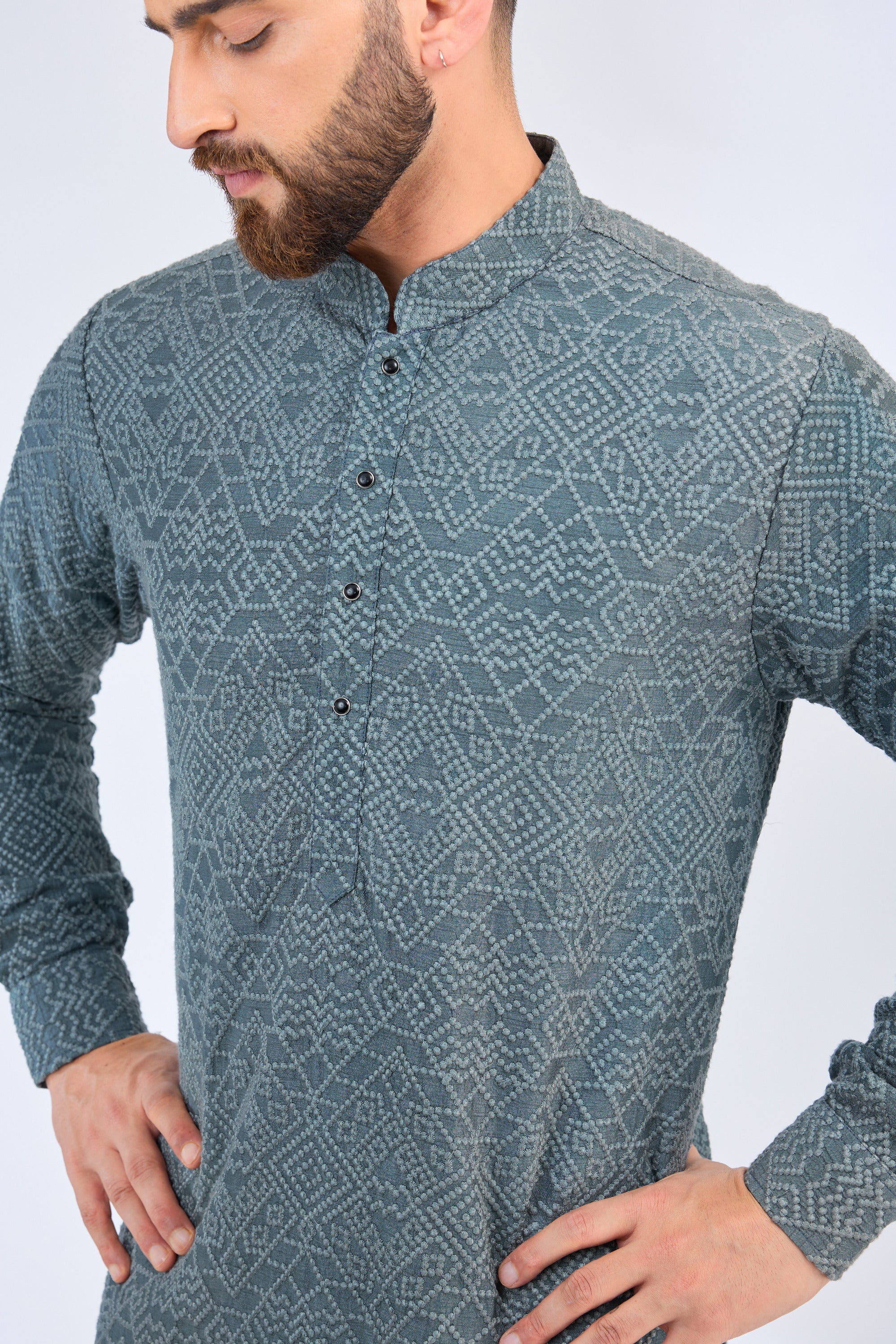 blue-grey short geometrically embroidered chikankari kurta - kasbahmen