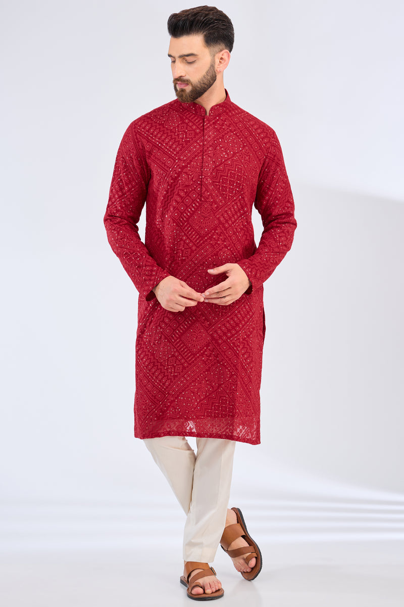 red chinkari kurta with tone to tone thread work and sequins work - kasbahmen