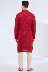 red chinkari kurta with tone to tone thread work and sequins work - kasbahmen