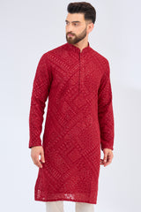 red chinkari kurta with tone to tone thread work and sequins work - kasbahmen