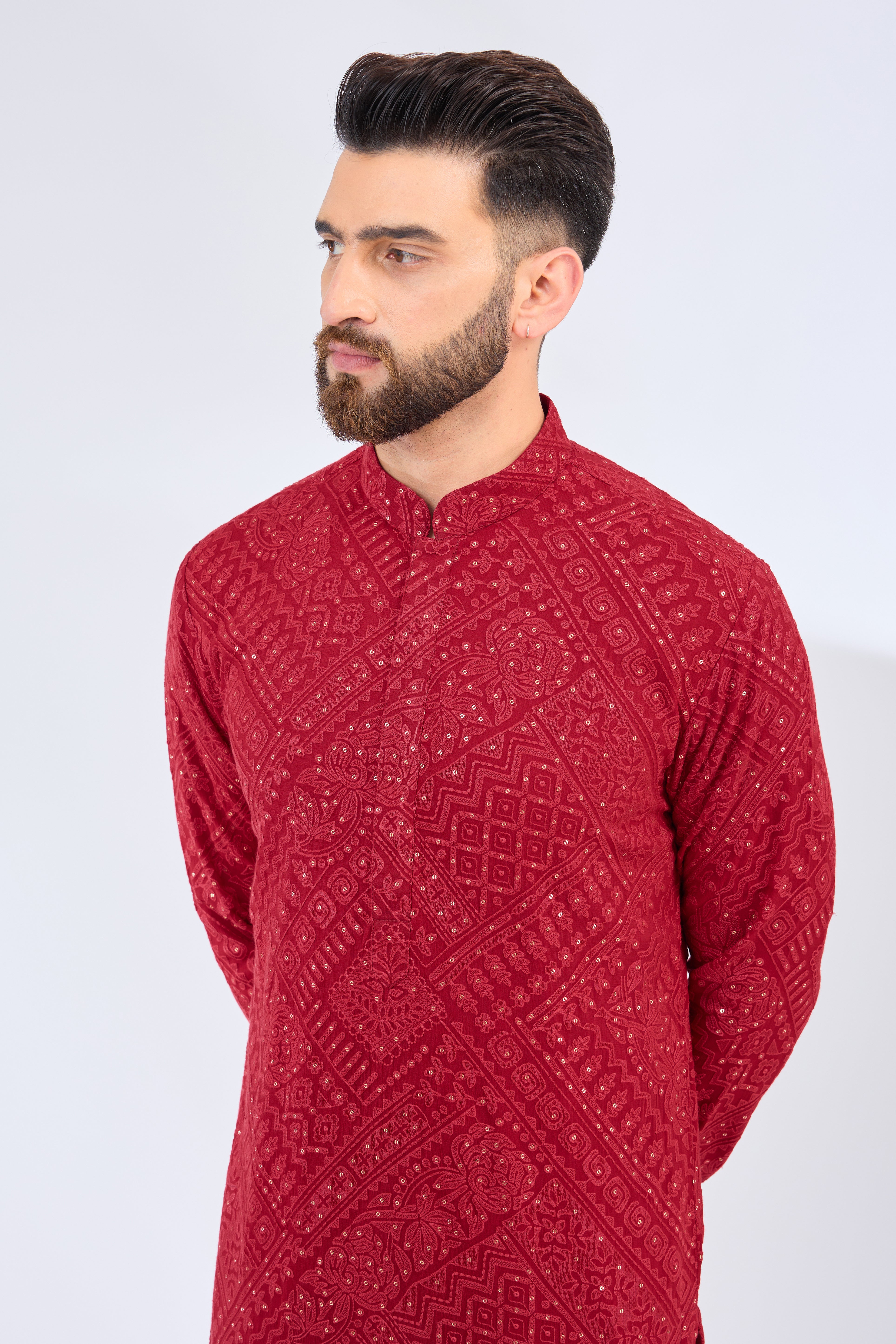 red chinkari kurta with tone to tone thread work and sequins work - kasbahmen