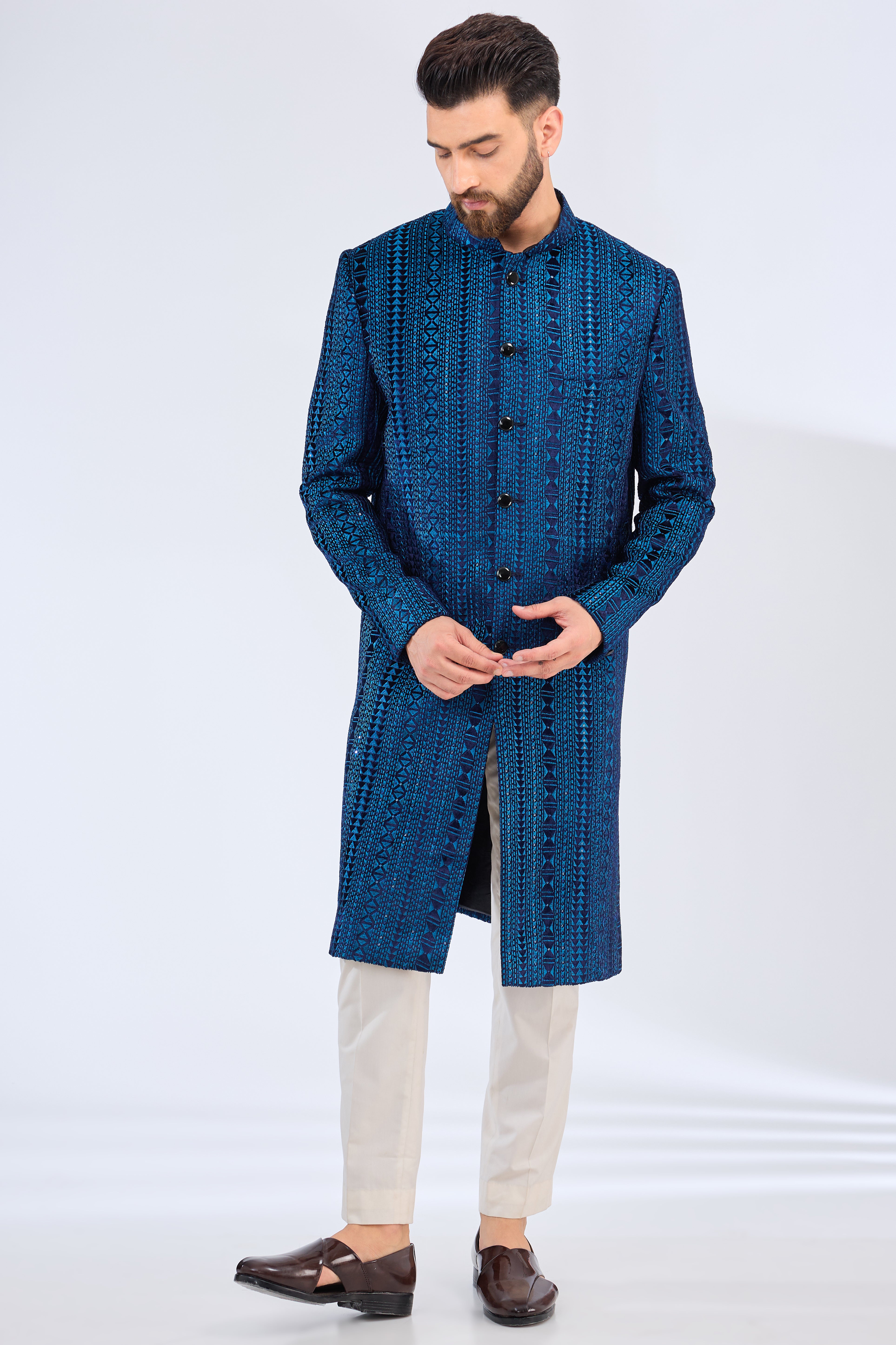 blue velvet sherwani with intricate thread embroidery - kasbahmen