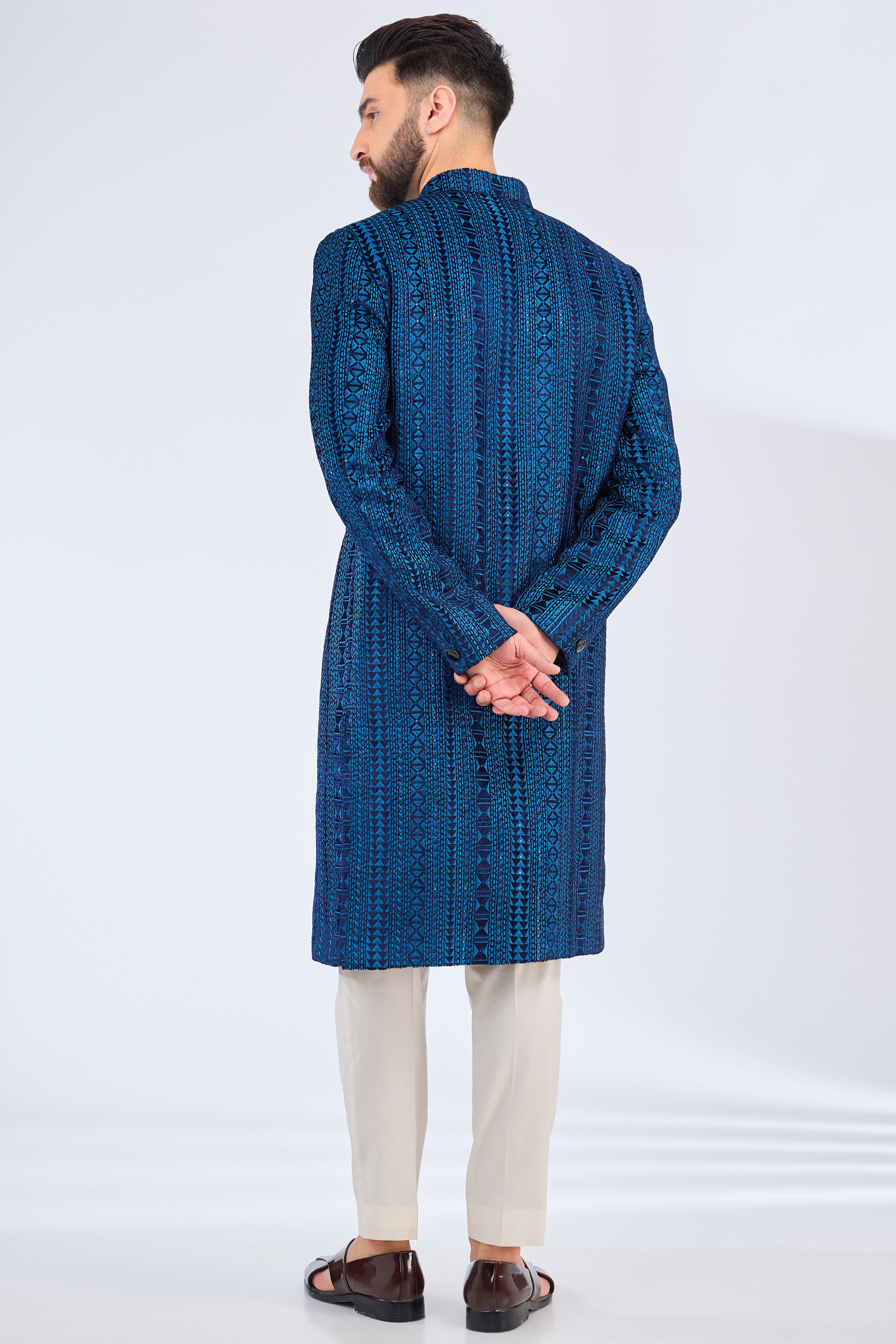 blue velvet sherwani with intricate thread embroidery - kasbahmen