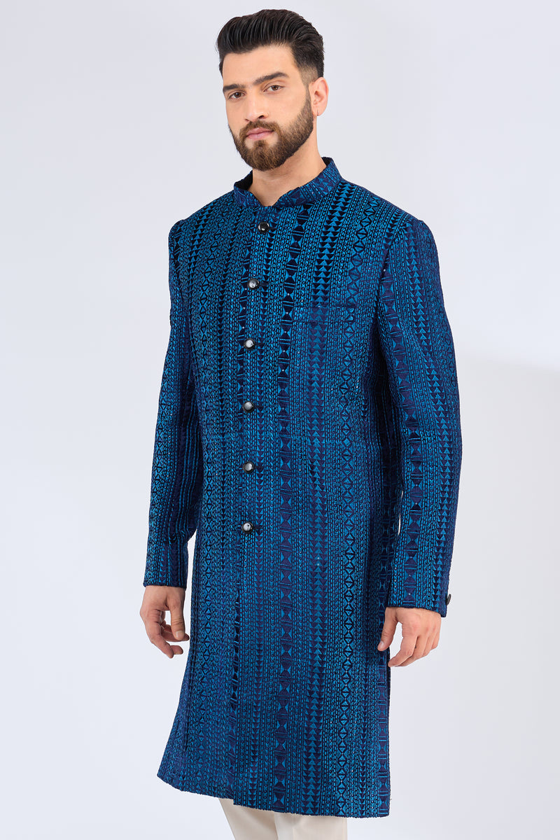 blue velvet sherwani with intricate thread embroidery - kasbahmen