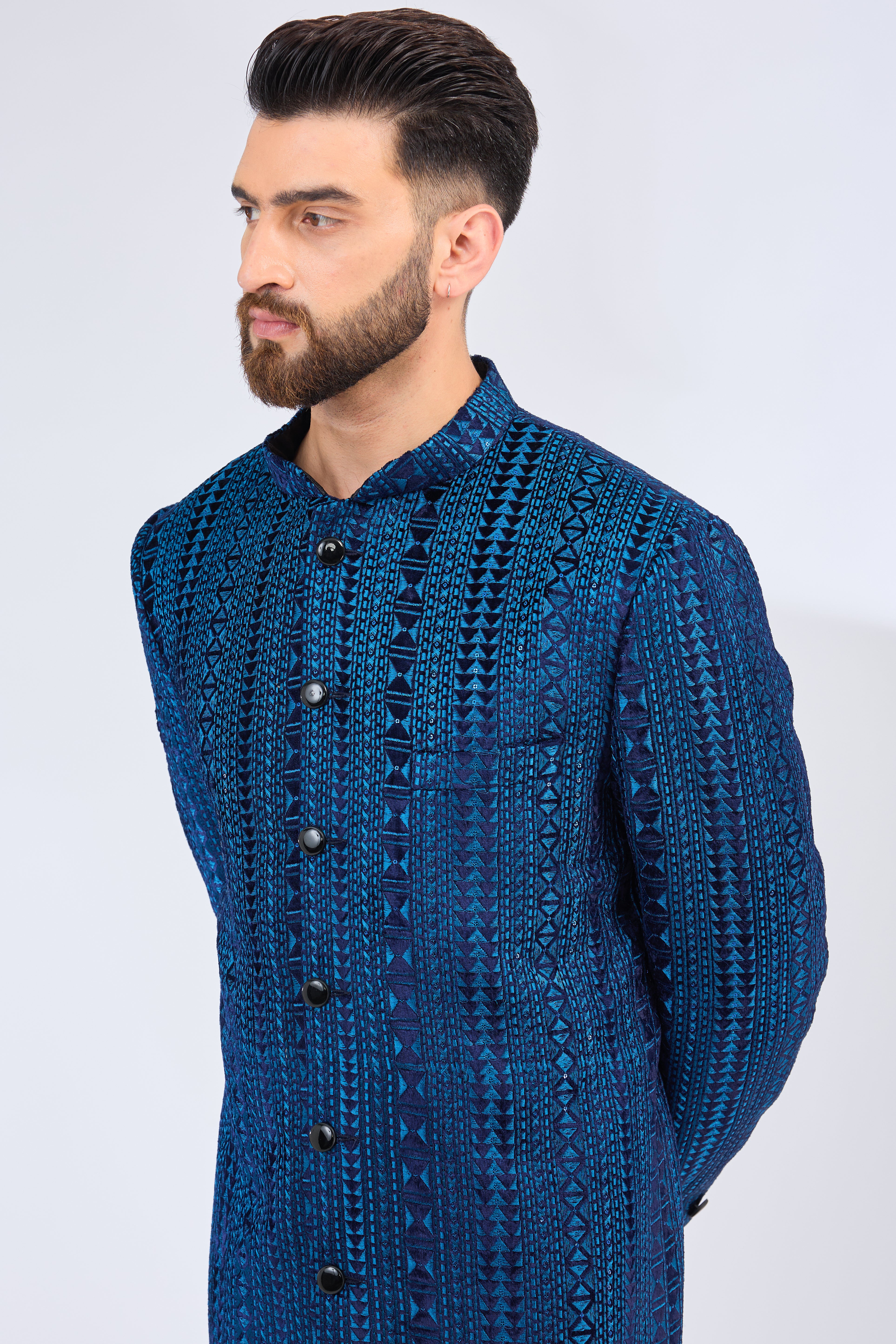 blue velvet sherwani with intricate thread embroidery - kasbahmen