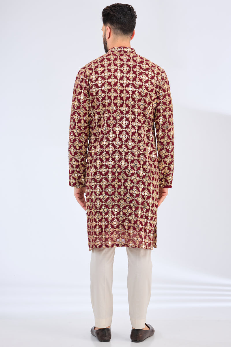 maroon mirror work kurta with zari embroidery - kasbahmen