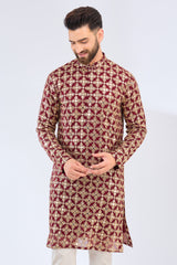 maroon mirror work kurta with zari embroidery - kasbahmen