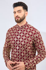 maroon mirror work kurta with zari embroidery - kasbahmen