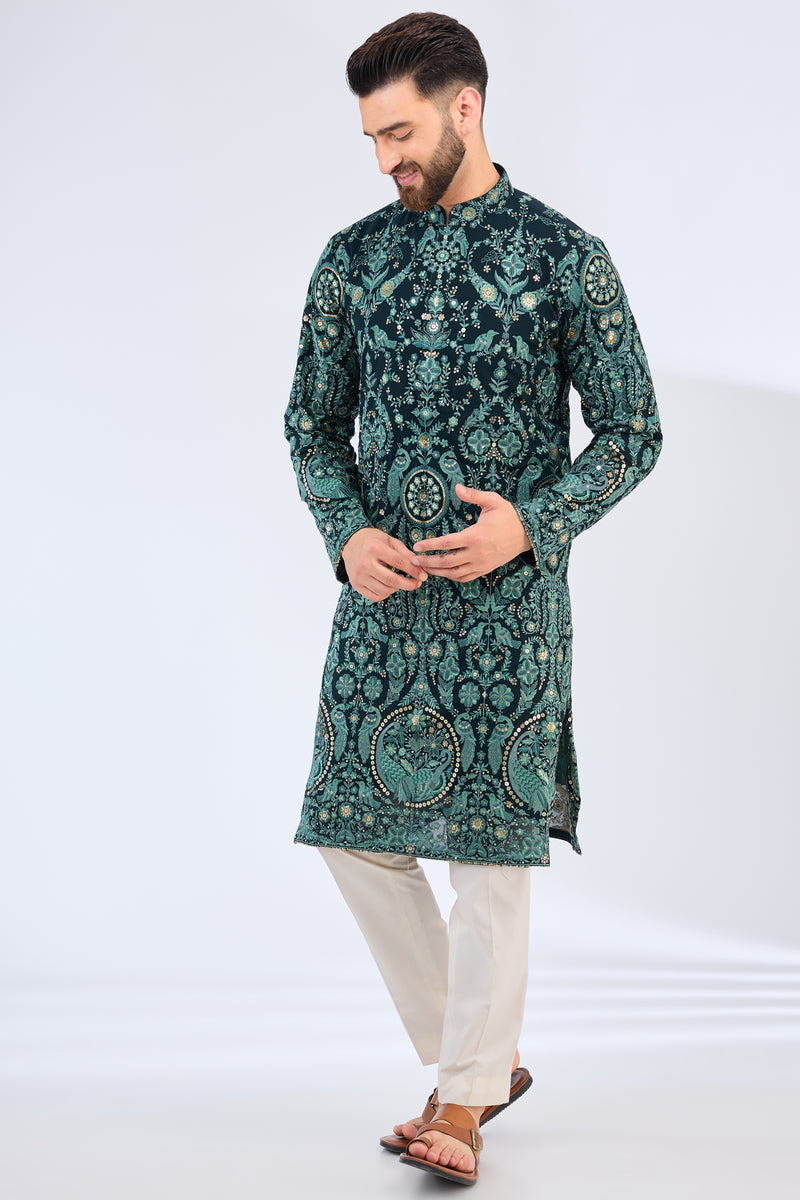 bottle green thread work kurta with intricate flora and fauna embroidery - kasbahmen