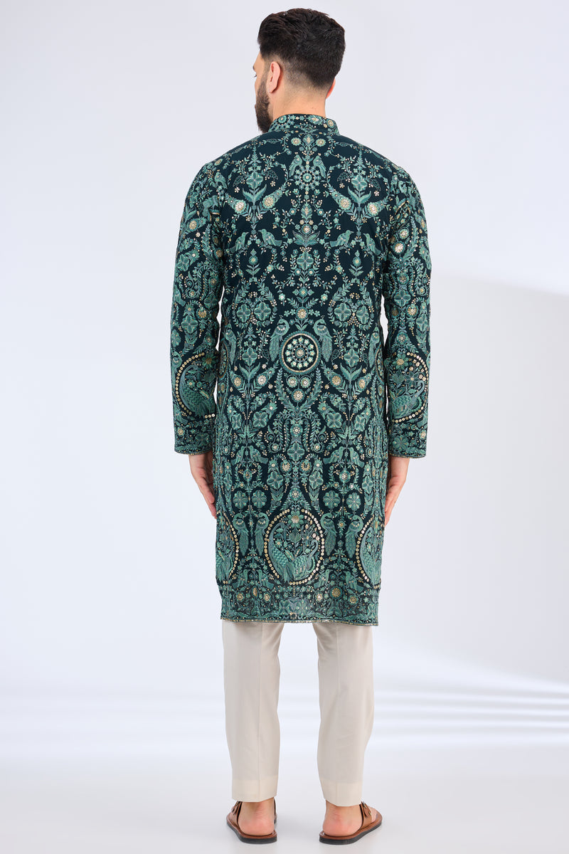 bottle green thread work kurta with intricate flora and fauna embroidery - kasbahmen