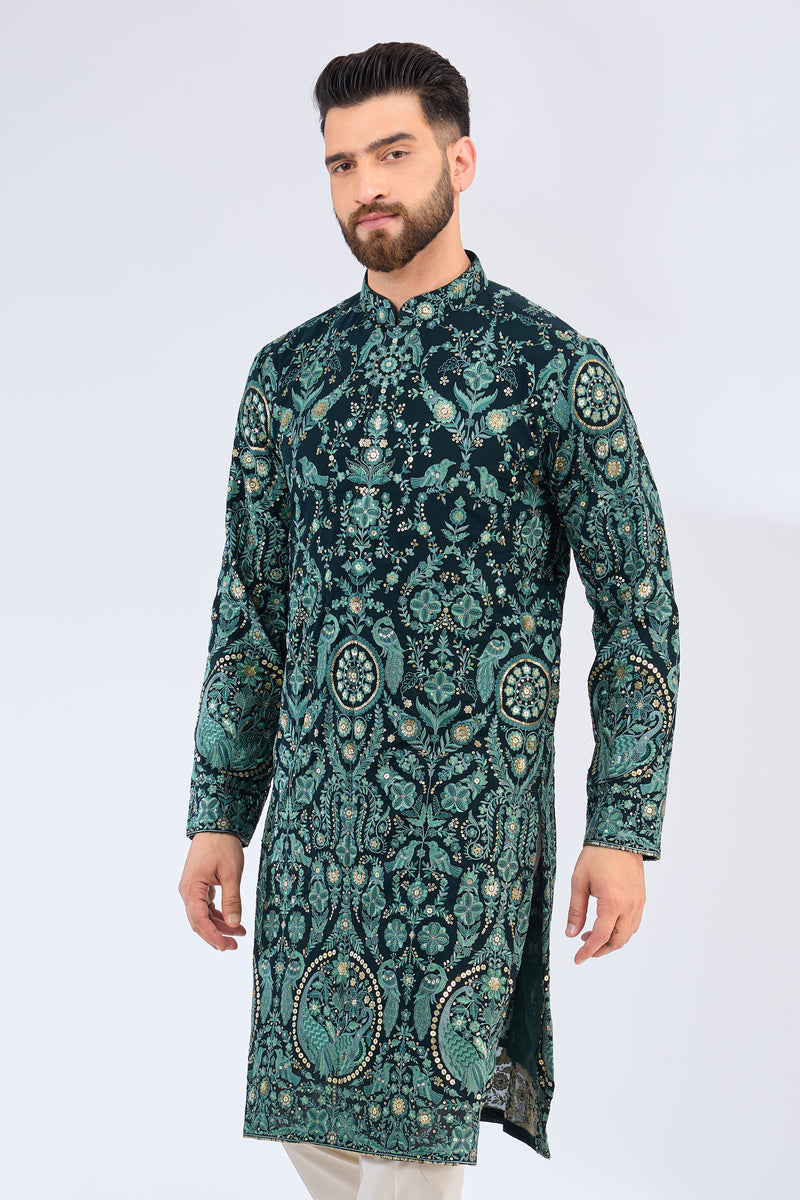 bottle green thread work kurta with intricate flora and fauna embroidery - kasbahmen