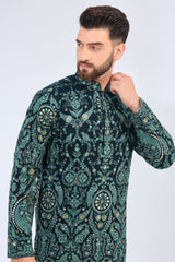 bottle green thread work kurta with intricate flora and fauna embroidery - kasbahmen