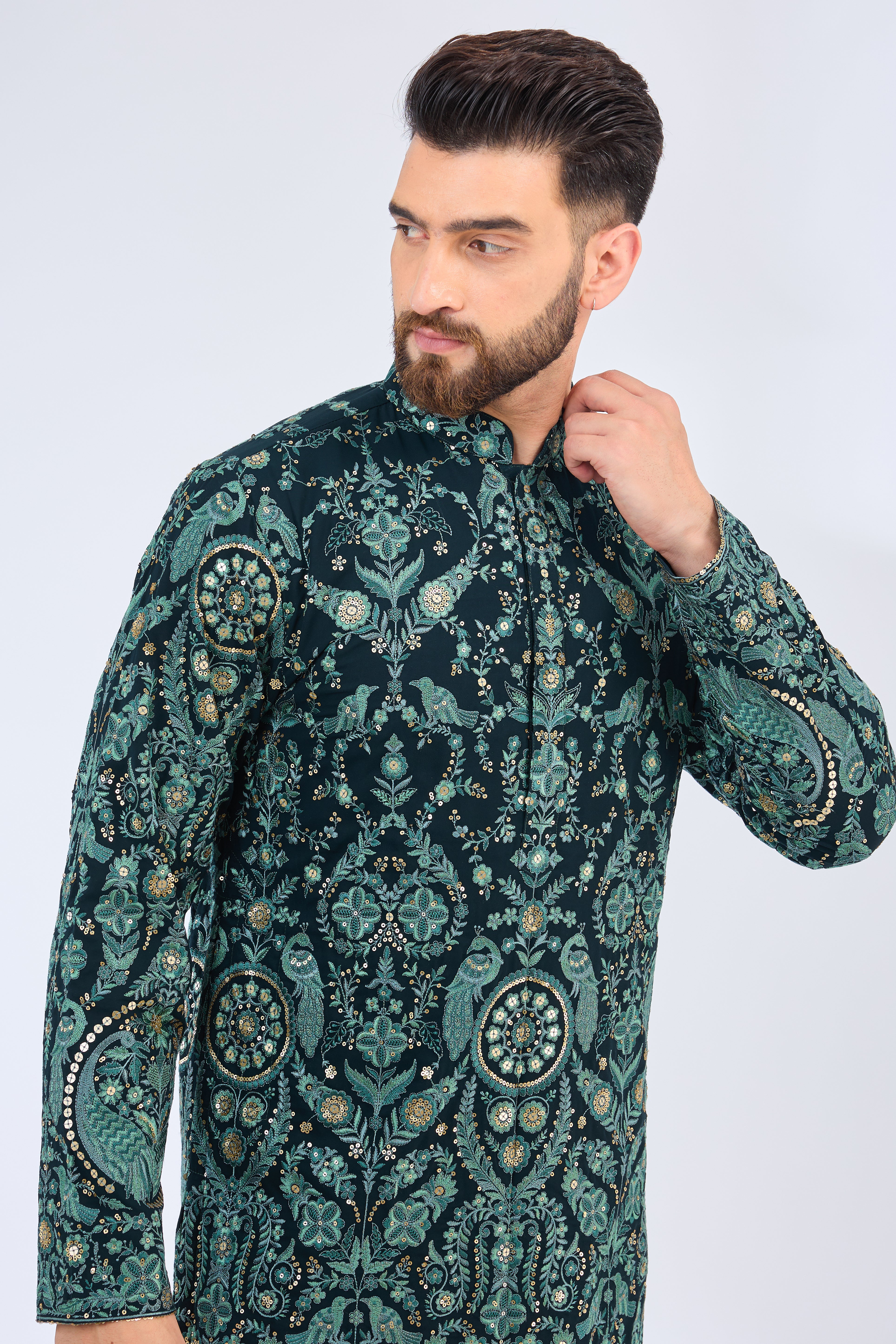 green threadwork kurta with detiled ghera - kasbahmen