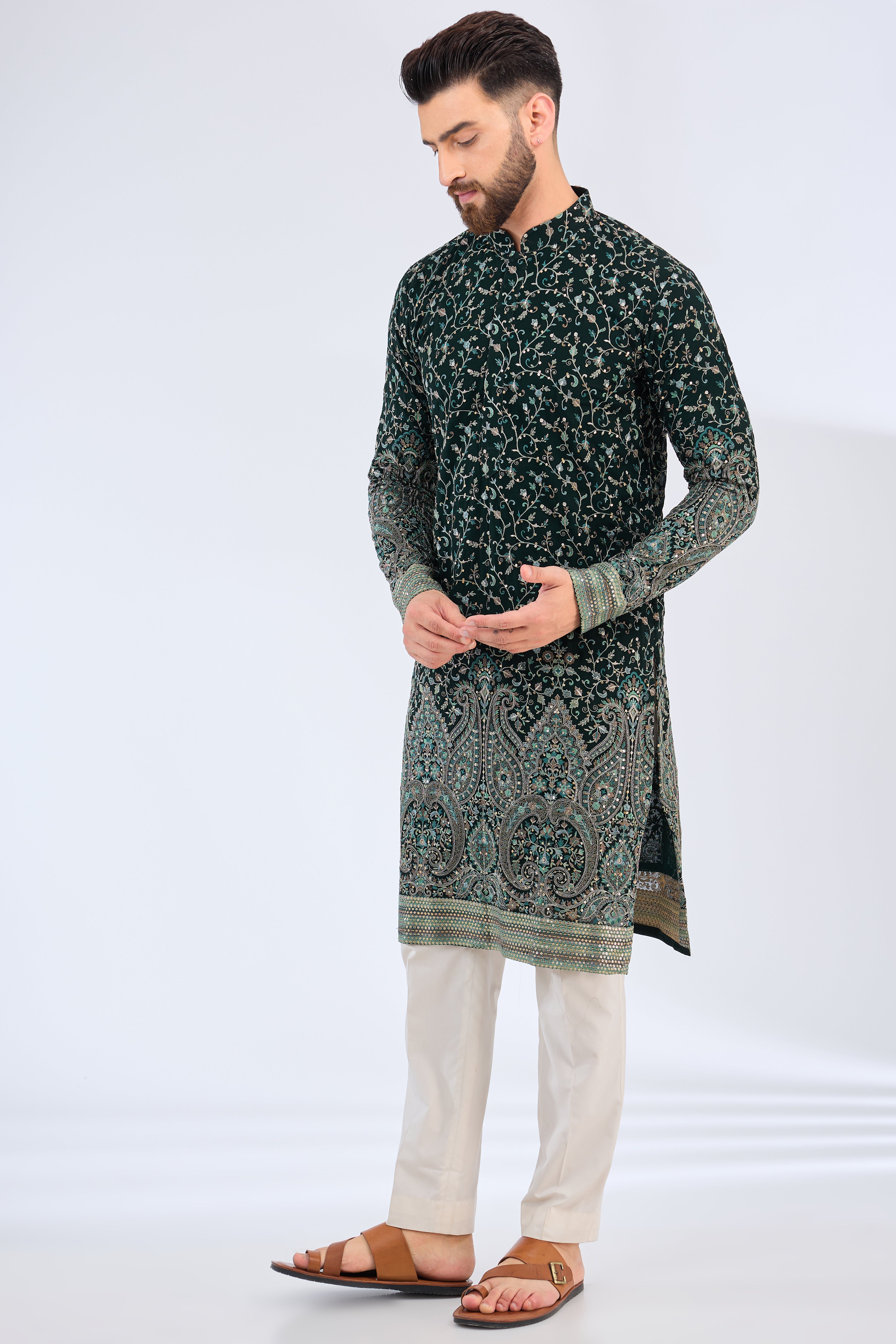 green threadwork kurta with detiled ghera - kasbahmen