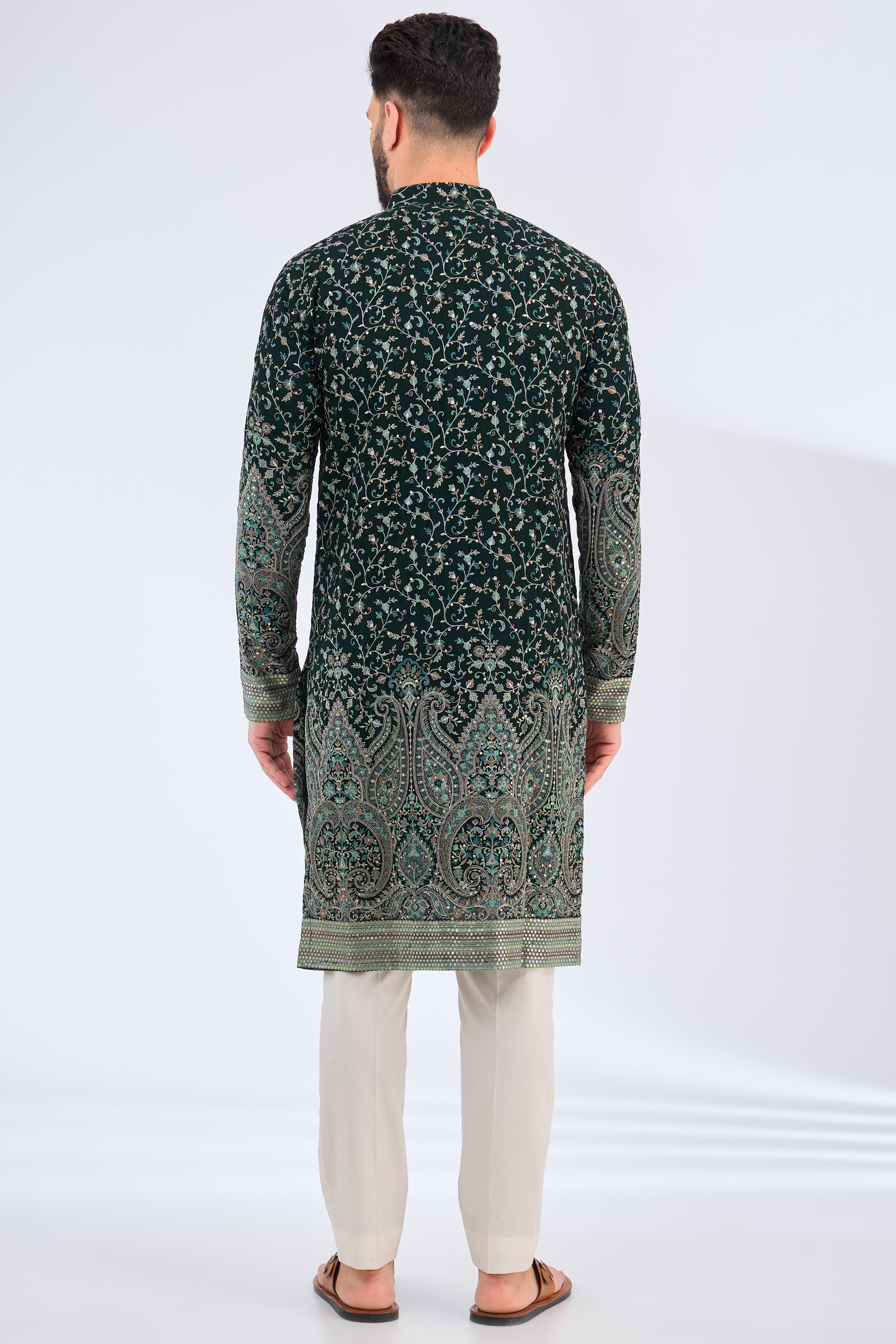 green threadwork kurta with detiled ghera - kasbahmen