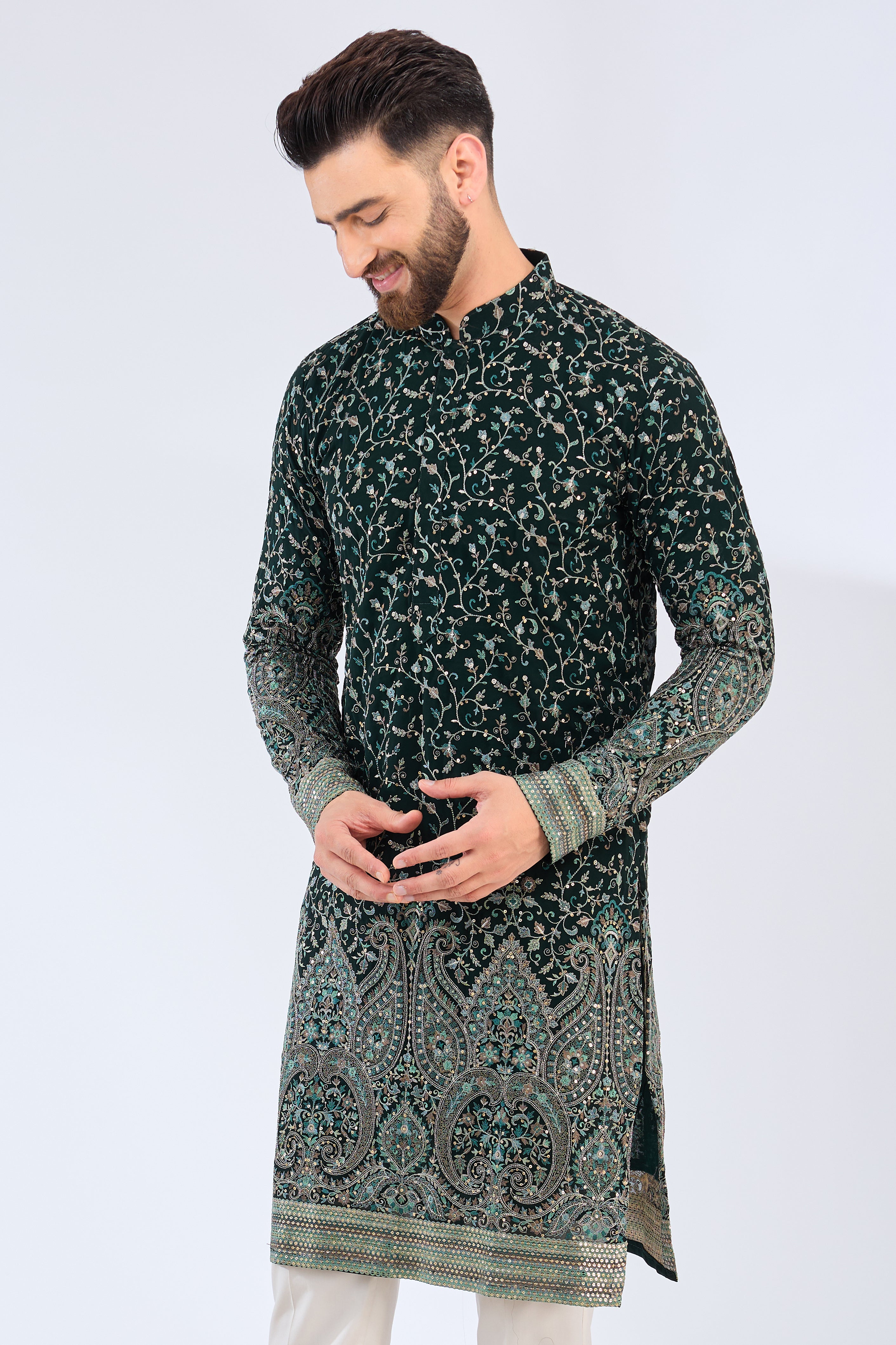 green threadwork kurta with detiled ghera - kasbahmen