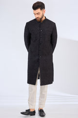 black geometrically embrodried thread work sherwani - kasbahmen