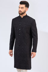 black geometrically embrodried thread work sherwani - kasbahmen