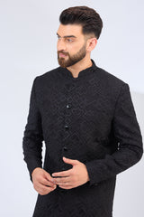 black geometrically embrodried thread work sherwani - kasbahmen