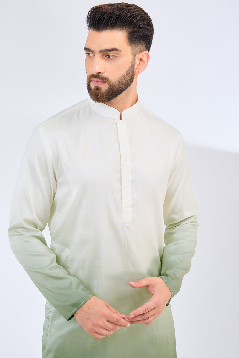 white-green ombre shaded kurta - kasbahmen