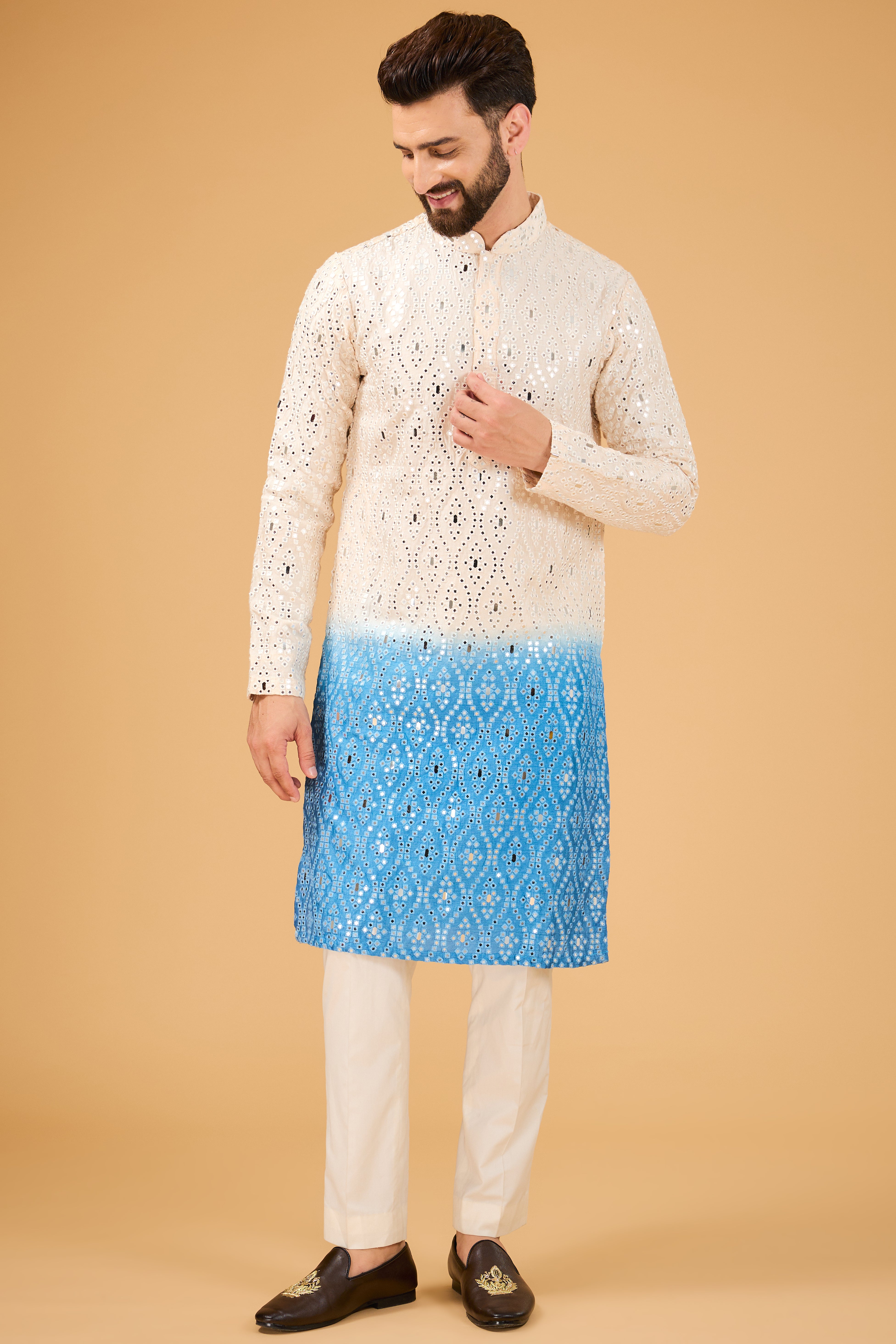 Cream to Blue ombre shaded mirror-work kurta. - kasbahmen