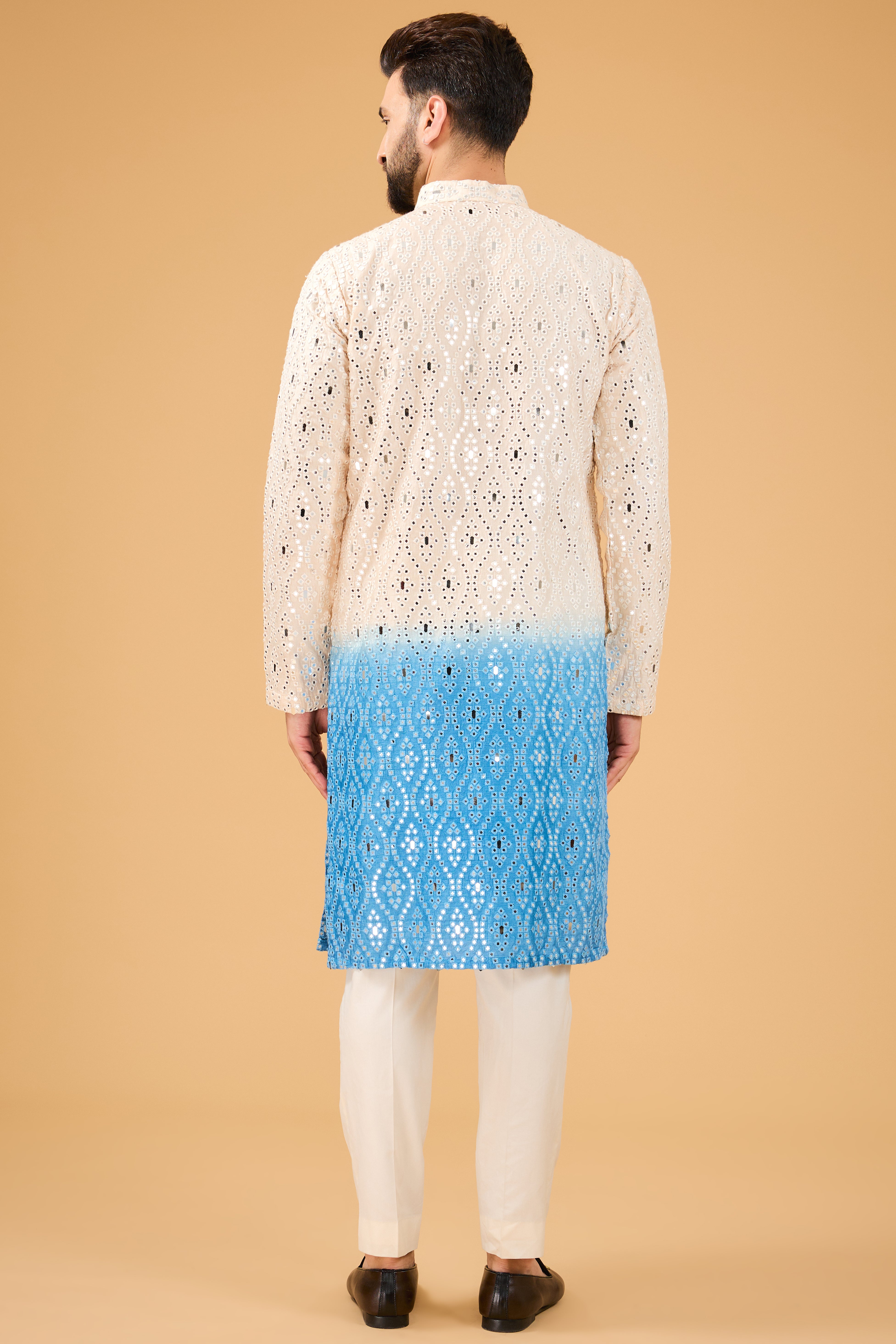 Cream to Blue ombre shaded mirror-work kurta. - kasbahmen