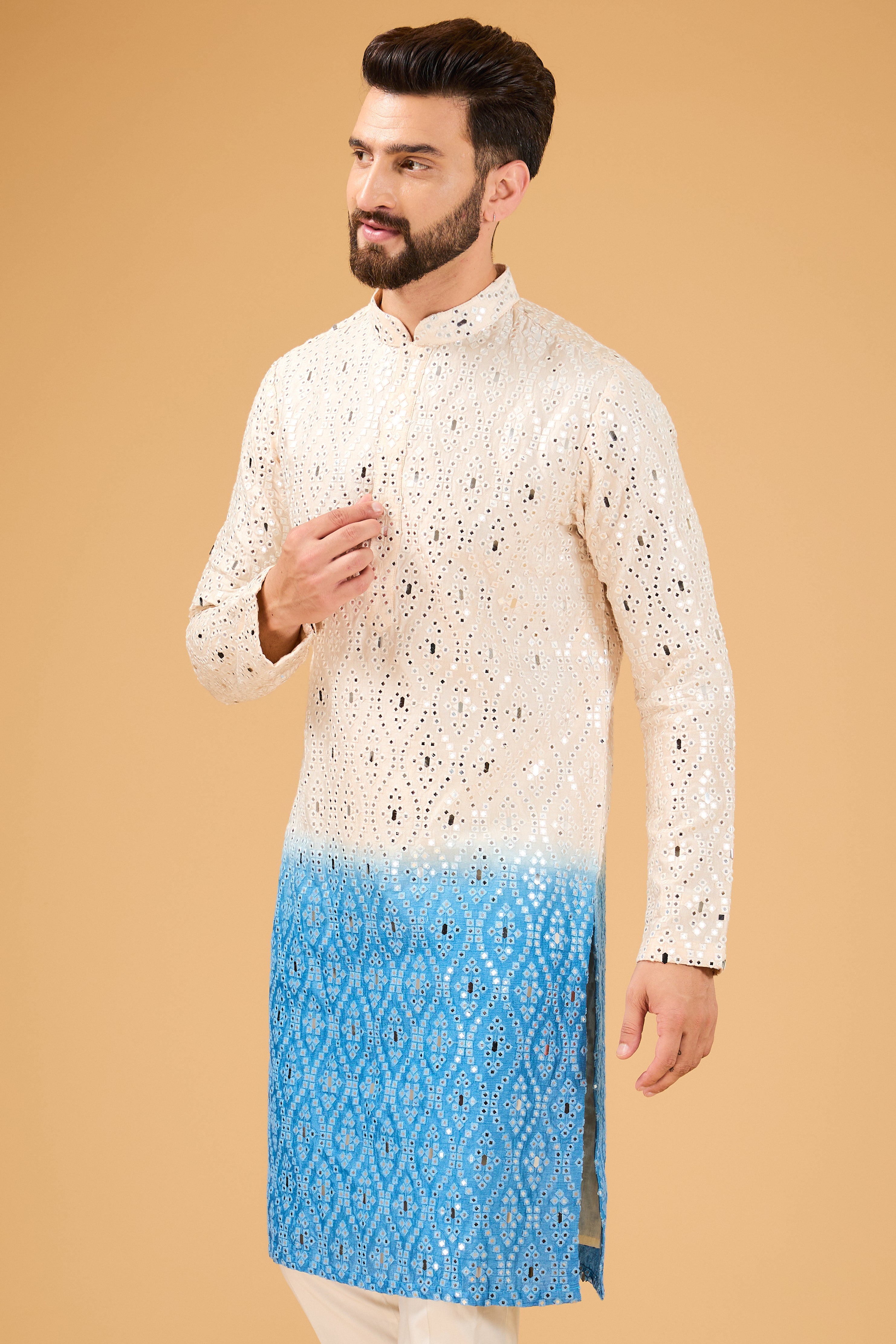 Cream to Blue ombre shaded mirror-work kurta. - kasbahmen