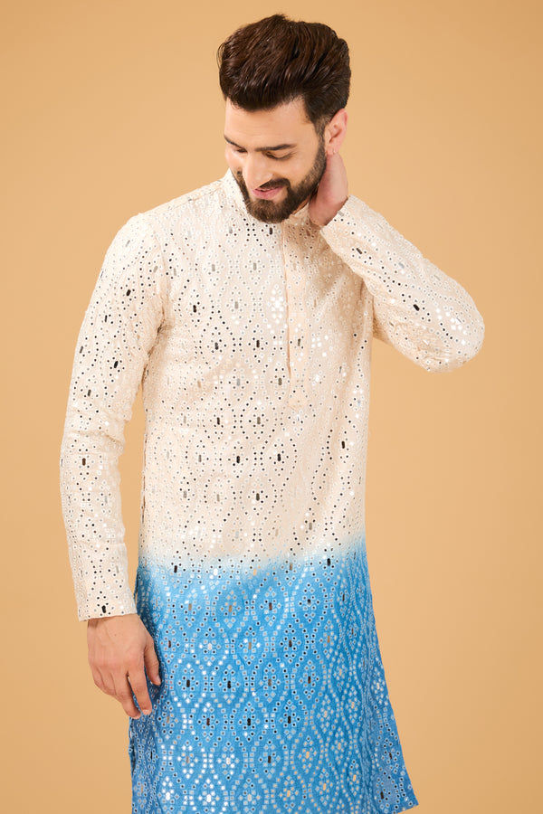 Cream to Blue ombre shaded mirror-work kurta. - kasbahmen