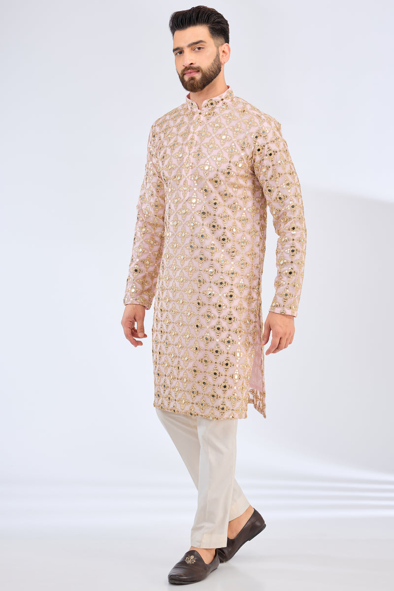 pink mirror work kurta with zari embroidery - kasbahmen