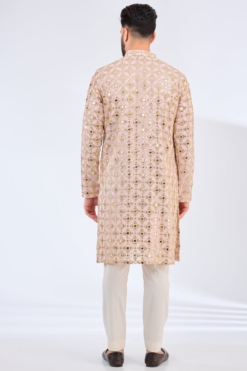 pink mirror work kurta with zari embroidery - kasbahmen