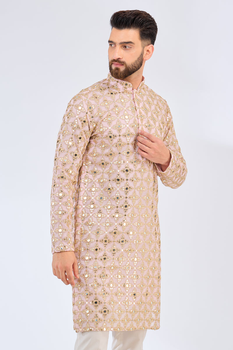 pink mirror work kurta with zari embroidery - kasbahmen