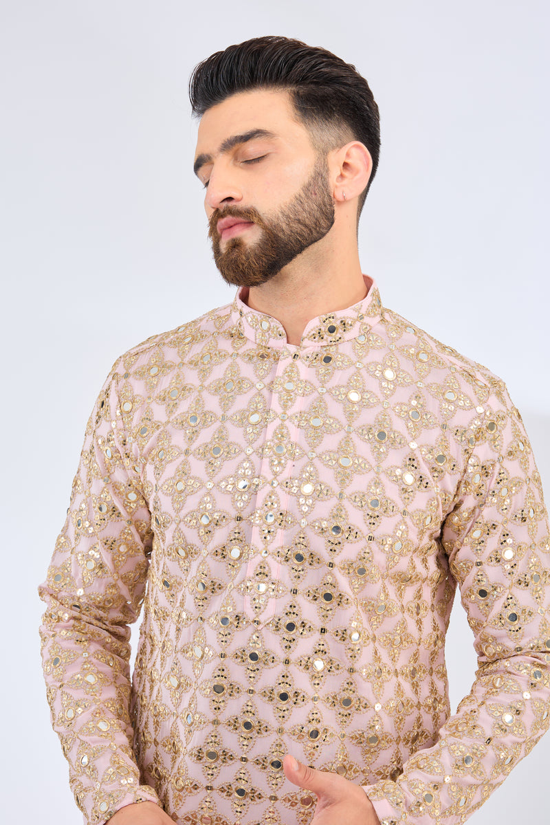 pink mirror work kurta with zari embroidery - kasbahmen