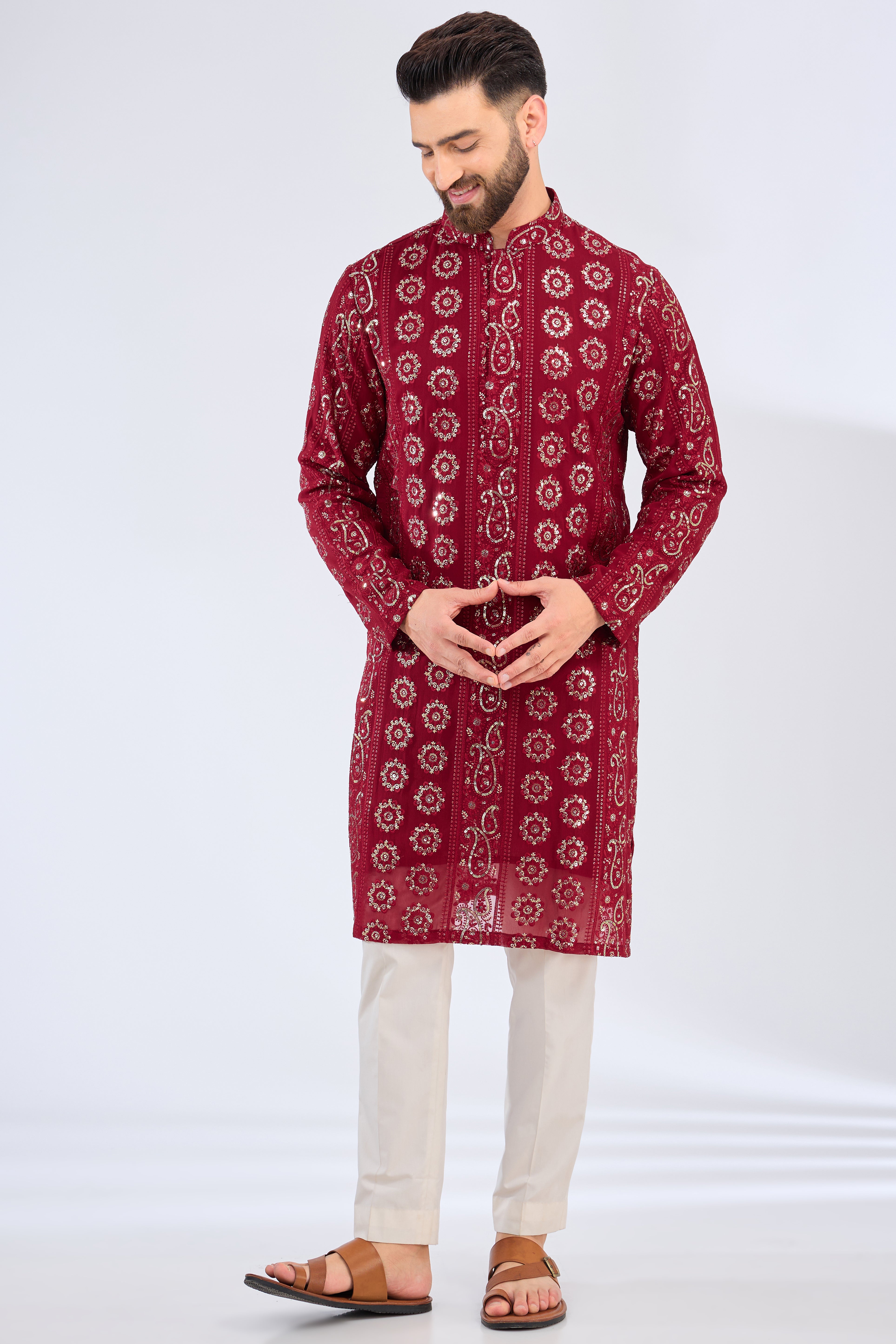 maroon - red chikankari kurta with sequin highlights - kasbahmen